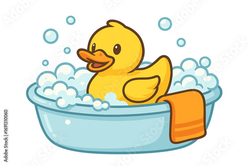 Yellow rubber duck cartoon character in a bathtub with soap foam bubbles. Adorable baby bath toy icon for kids. Vector illustration for children's hygiene and fun concept.