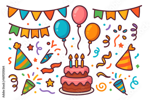 Colorful party decoration set for birthday celebration. Vector cartoon icons with cake, candles, balloons, confetti, party hat, and flags. Festive doodle elements for greeting cards.