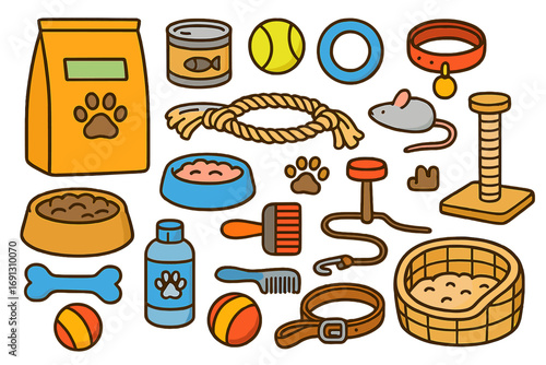 Big collection of pet supplies for dogs and cats. Vector cartoon set with food, toys, and grooming accessories. Pet shop elements, dog bone, cat toy, collar, animal care icon.