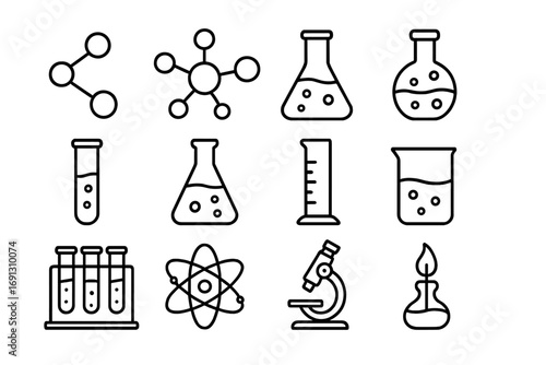 Chemistry science line icon set. Laboratory equipment and research symbols. Vector outline collection of molecule, atom, test tube, flask, beaker, and microscope icons.