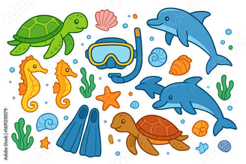 Sea life animals and snorkeling equipment set. Cartoon vector illustration. Turtle, dolphin, seahorse, shell, starfish. Underwater ocean concept for kids. Summer vacation fun.