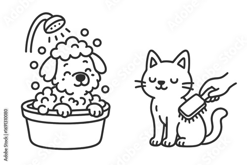 Pet grooming service icon set. Cute cartoon dog bathing in a tub with foam and a cat being brushed. Pet care, hygiene, and salon concept. Simple minimal outline vector illustration.