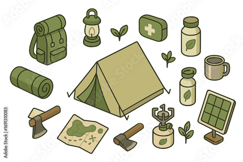 Eco-friendly camping essentials for adventure. Isometric vector set. Outdoor hiking and survival equipment. Tent, backpack, solar panel. Sustainable travel cartoon illustration.