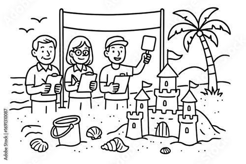 Beach sandcastle building contest with judges scoring the creation. Summer vacation activity concept. Outline vector cartoon illustration for a coloring book page or leisure hobby.