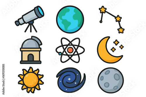 Astronomy icon set vector cartoon collection. Celestial space elements like telescope, observatory, planet earth, sun, moon, constellation, atom and galaxy. Science illustration.