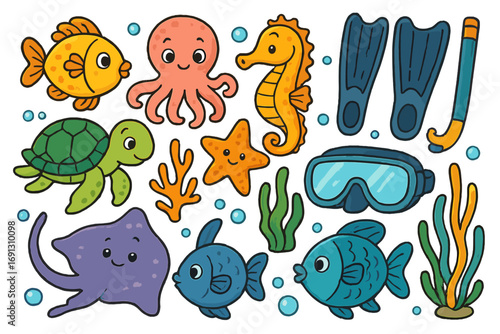 Cartoon sea life collection with cute ocean animals and diving gear. Vector set includes fish, turtle, octopus, seahorse, snorkel, and fins for kids marine theme designs.