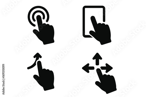 Hand gesture icon set for touchscreen. Finger tap, click, swipe up, scroll, and drag gestures. User interface navigation symbols for mobile app or website. Vector silhouette.