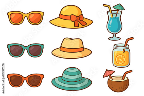 Summer beach items collection. Cartoon vector icon set for vacation and travel. Isolated pack of sunglasses, sun hats, tropical cocktails, and holiday drinks for relaxation.