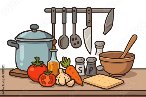 Cooking concept with kitchen utensils and fresh vegetable ingredients on a counter. Meal preparation, healthy food recipe vector cartoon illustration. Cookware and spices.
