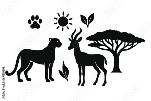 Safari animal silhouettes vector icon set. African wildlife collection with cheetah, leopard, gazelle, acacia tree, sun, and paw print. Isolated nature elements.
