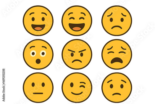 Emoji face vector icon set. Simple cartoon emoticons expressing various emotions. Happy, sad, angry, surprised, laughing, winking feelings. Flat design smiley character pack.