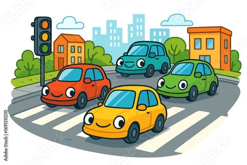 Happy cartoon cars crossing a city road at a crosswalk with a traffic light. Playful urban scene with cute vehicles. Vector illustration for kids about traffic safety.