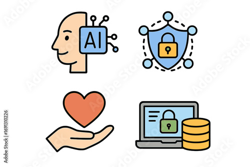 AI ethics and data security icon set. Artificial intelligence, cybersecurity, and responsible technology concepts. Vector icons for privacy, trust, and machine learning.