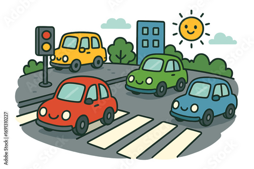 Cute cartoon cars with smiling faces driving on a city road with a crosswalk. Urban traffic scene with a traffic light for road safety education. Playful vector for children.