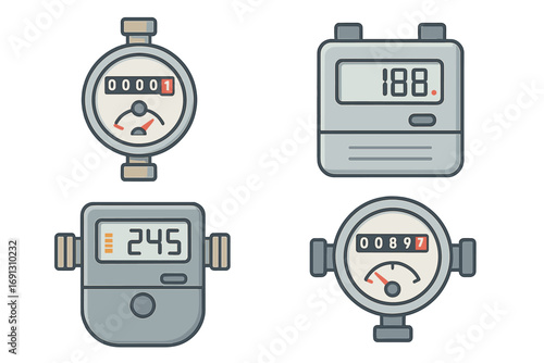 Utility meter vector icon set. Water, gas, electric meters with analog dial and digital display. Household energy consumption measurement, counter reading, gauge illustration.