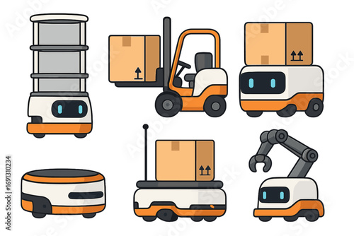 Warehouse automation robots vector set. AGV, delivery bot, AMR, forklift for logistics & inventory. Automated e-commerce fulfillment, future technology, cartoon illustration.