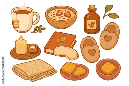 Cozy home wellness elements set for relaxation. Vector cartoon illustration with tea, book, candle, oatmeal, and slippers for a comfortable evening. Hygge lifestyle concept.