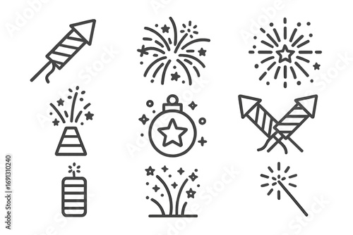 Firework icon set for celebration and holidays. Line art pyrotechnics collection. Minimalist rocket, sparkler, firecracker symbols for New Year, 4th of July, and party events.