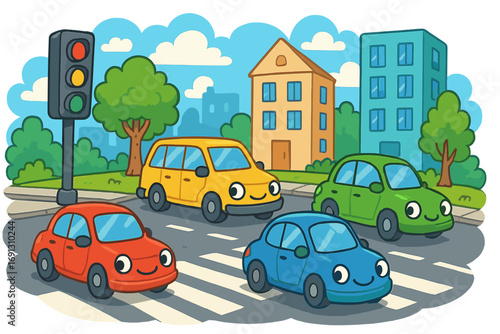 Colorful cartoon cars with cute faces at a city crosswalk. Vector illustration of urban traffic with a traffic light. Children's transport concept for road safety education.