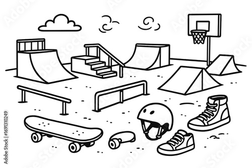 Skatepark elements set, line art doodle icons. Black and white vector illustration with skateboarding gear, ramp, rail, skateboard, helmet, shoes. Urban sport concept.