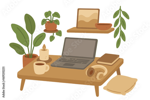 Cozy home workspace for remote work. Comfortable freelancer office concept. Low floor table with laptop, coffee, plants. Hygge lifestyle relaxation. Vector cartoon illustration.