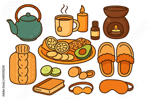 Cozy home wellness set for self-care and relaxation. Hygge lifestyle elements for a comfortable evening routine. Tea, aromatherapy, healthy food, and sleep accessories vector.