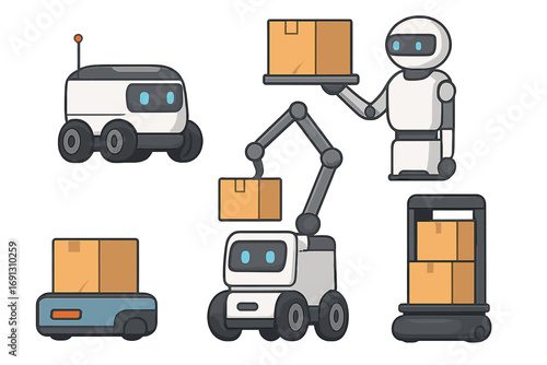 Warehouse automation vector icon set. Collection of modern delivery and logistics robots, AGV and AMR. Autonomous mobile robot with package. Industrial automation concept.