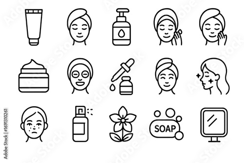 Skincare and beauty outline icon set. Cosmetics, wellness, hygiene vector symbols. Face care routine, cosmetic products for dermatology. Facial treatment, cream, serum, mask icons.