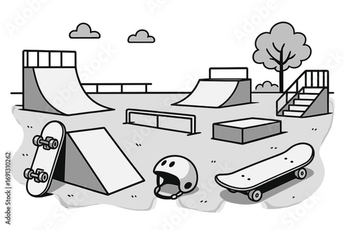 Skatepark fun vector graphic. Black and white cartoon illustration of a skateboarding park with ramps, rails, gear, and obstacles. Urban extreme sport, youth culture, outdoor activity concept.
