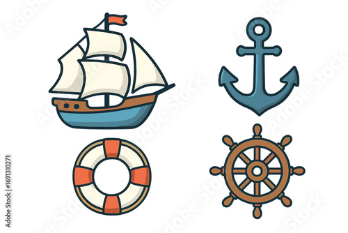 Nautical vector icon set with sailing ship, anchor, lifebuoy, and helm. Maritime cartoon symbols for sea travel and adventure. Cute boat and marine elements collection isolated.