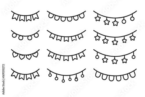 Party garland and bunting banner icon set. Festive decoration for birthday, holiday, and celebration. Vector line art flags, hearts, stars. Simple doodle for greeting card.