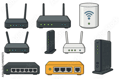 Network devices vector icon set. Router, modem, switch and hub cartoon illustration. Internet equipment for wifi connection and data communication. LAN hardware technology.