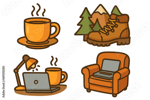 Cozy lifestyle icon set. Work from home office and outdoor hiking adventure. Vector flat cartoon illustration. Coffee cup, laptop, armchair, mountain trek boot symbols.