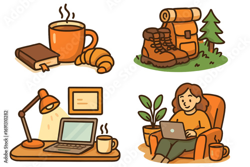 Hygge lifestyle illustration set. Cozy indoor activities and outdoor exploration. Woman working from home, coffee and croissant, hiking boots and backpack for adventure.