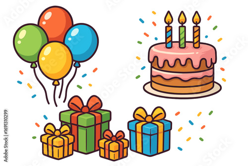 Birthday party cartoon icon set. Vector collection of celebration elements with festive cake, candles, gift boxes, balloons, and confetti. Happy holiday graphic elements.