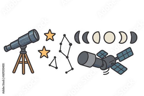 Astronomy icon set with telescope, stars, and constellations. Vector illustration of moon phases and satellite. Space exploration and science symbols for graphic design.