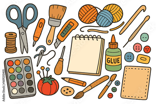 Craft tools and supplies collection for DIY projects. Vector set for handmade hobbies like sewing, knitting, painting. Art accessories illustration. Creative workshop items.
