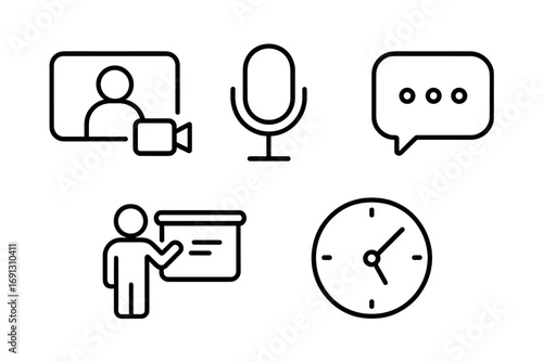 Communication and meetings line icon set. Video conference, audio, chat, presentation, clock icons. Business webinar, online learning and teamwork vector symbols.