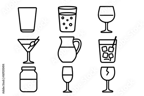 Glassware and drinks thin line icon set. Vector illustration of wine, cocktail, water glass, pitcher, jar and broken glass. Editable stroke for web, apps, and print.