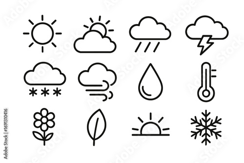 Weather and seasons outline icon set. Climate and nature symbols collection. Vector illustration for forecast app. Sun, cloud, rain, snow, wind, storm, thermometer icons.