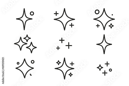 Sparkle line icon set. Star, shine, clean, twinkle, flash, and glow effect symbols. Abstract magic glitter. Vector graphic design element collection with editable stroke.