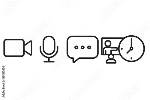 Communication meeting line icon set. Video conference, audio podcast, chat message. Online presentation webinar pictogram. Clock time management symbol. Business app UI.