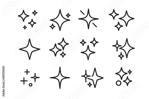 Sparkle icon set, shine stars collection. Clean effect, glitter, twinkle symbols. Line art for websites and apps. Editable stroke vector. Magic flare, glow, and fresh concept.