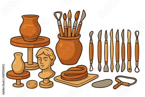 Pottery and sculpture tools set. Vector illustration of a ceramic craft hobby. Clay art workshop equipment with potter's wheel, vase, head bust and modeling instruments.
