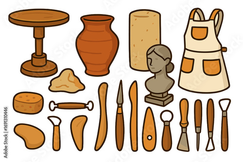 Pottery and sculpture tools set. Artisan workshop equipment for crafting with clay. Hobby and creative process concept. Handmade ceramics vector cartoon illustration collection.