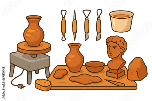 Pottery and sculpture workshop tools set. Artisan crafting equipment for ceramics. Clay art creative hobby. Potter's wheel, vase, head bust, modeling tools vector illustration.