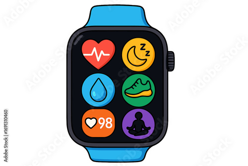 Smartwatch health tracker vector illustration. Fitness app interface with icons for heart rate, sleep, steps, sport and meditation. Wearable technology for wellness. Cartoon style.