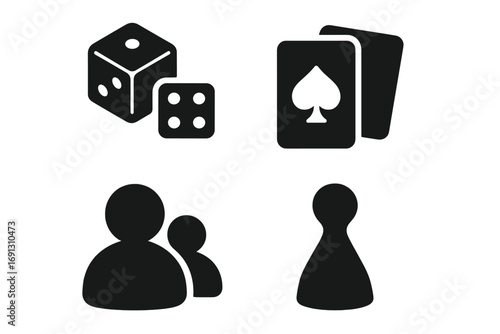 Board game icon set. Tabletop gaming elements. Vector collection of silhouettes: dice, playing cards, player pawn, and people figures. Simple glyphs for family leisure.