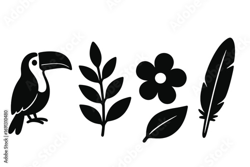 Black silhouette nature icons set with toucan, tropical plant, leaf, flower, and feather. Vector cartoon illustration collection for jungle, exotic and wildlife design elements.