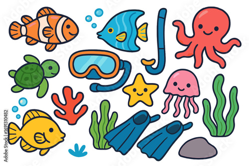 Cute marine life and diving cartoon set. Ocean animal doodle collection with fish, octopus, turtle, coral, starfish. Underwater elements with snorkel mask for kids.